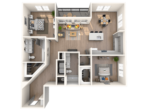Floor plan for 2 beds, 2 baths, 1367 sqft
